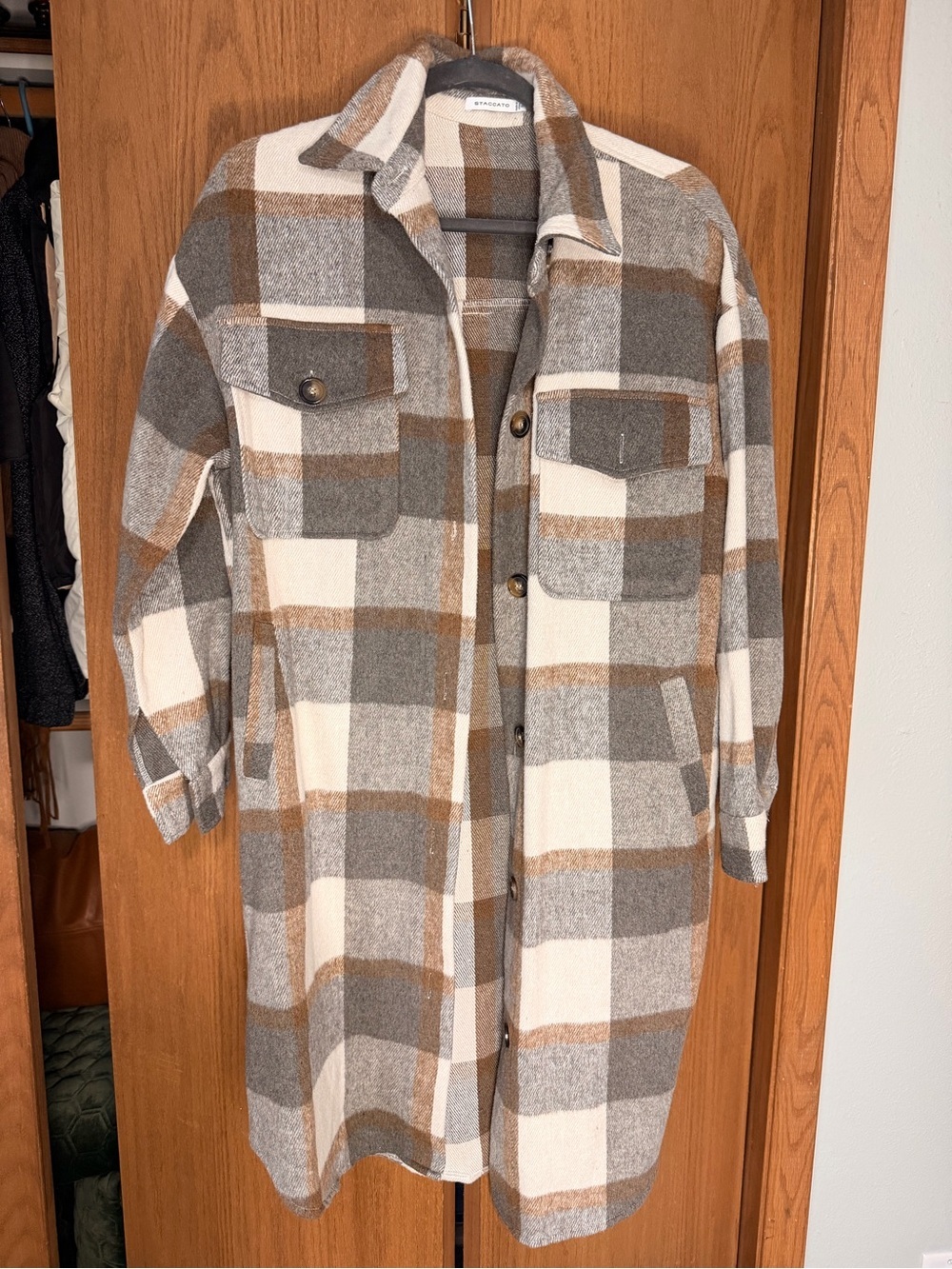 Staccato Plaid Shacket in Cream, Gray & Brown